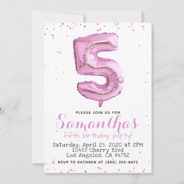 5e anniversaire Pastel Pink Balloon Invitation (Devant)