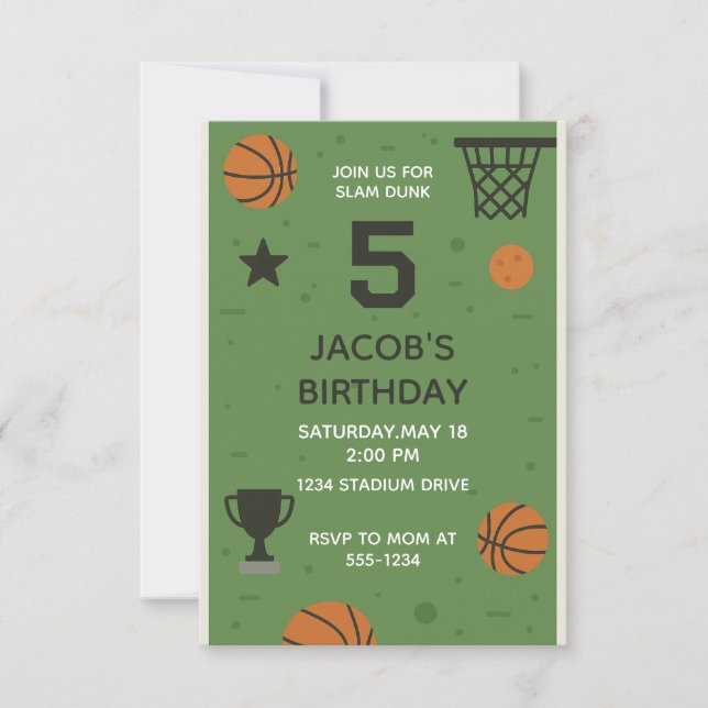 5e Basketball Sports Invitation Anniversaire Pour  (Devant)