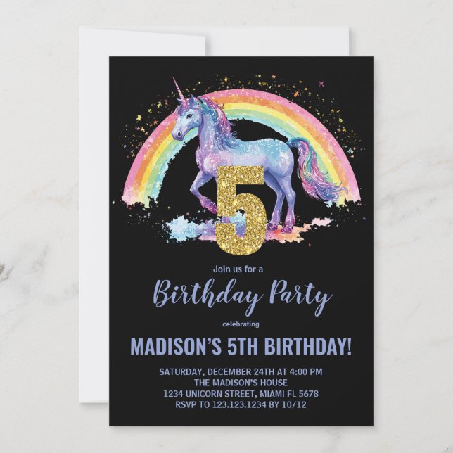 5e Rainbow Unicorn Invitations d'anniversaire (Devant)