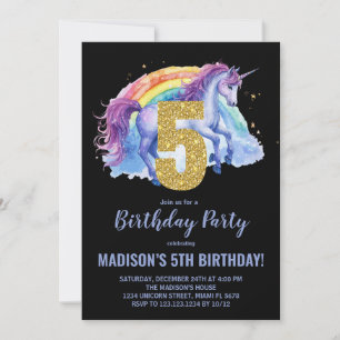 5e Rainbow Unicorn Invitations d'anniversaire
