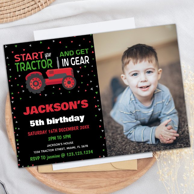 5e Tracteur rouge Invitations d'anniversaire avec  (5th Red Tractor Birthday Invitations with photo)