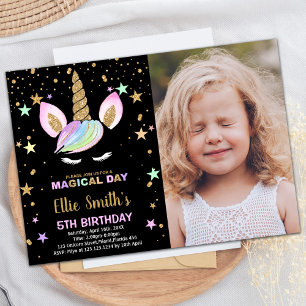 5e Unicorne noire Invitations d'anniversaire avec