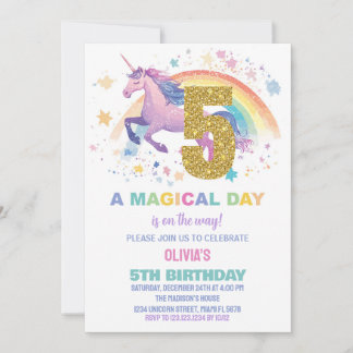 5ème Unicorn Invitations d'anniversaire