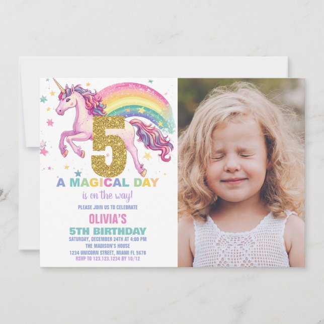 5ème Unicorn Invitations d'anniversaire avec photo (Devant)