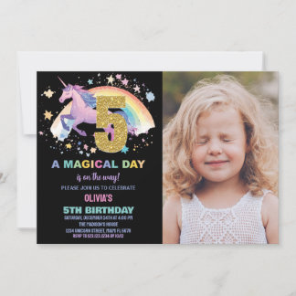 5ème Unicorn Invitations d'anniversaire avec photo