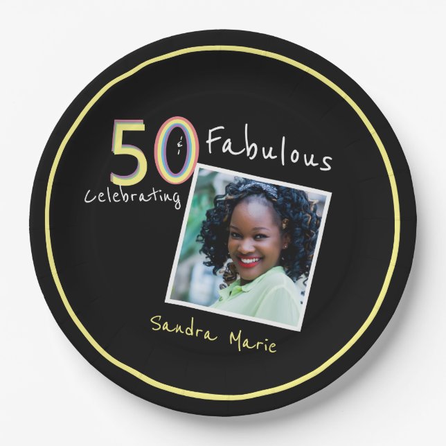 5O und fabelhafte schwarz-gelbe Regenbogen-Chic Ge Pappteller (Vorderseite)