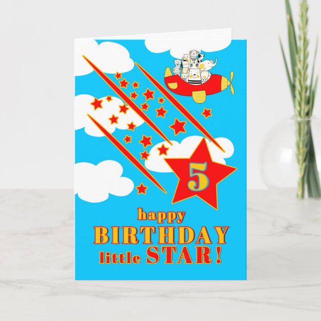 5th Birthday Little Star Cute Animals in a Plane Karte (Vorderseite)