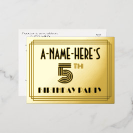 5th Birthday Party ~ Art Deco Style “5” + Name Folie Einladungspostkarte
