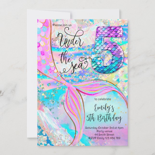 5th Mermaid Birthday Under the Sea Invitation Einladung (Vorderseite)