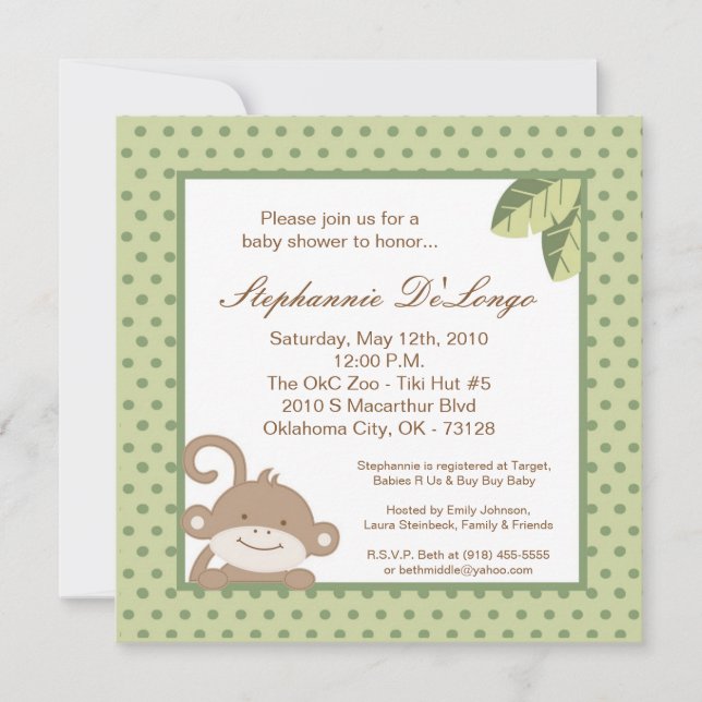 5x5 Baby shower Neutre de Singe Vert Invitation (Devant)