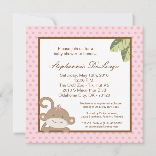 5x5 Invitation Baby shower de singe rose fille (Devant)