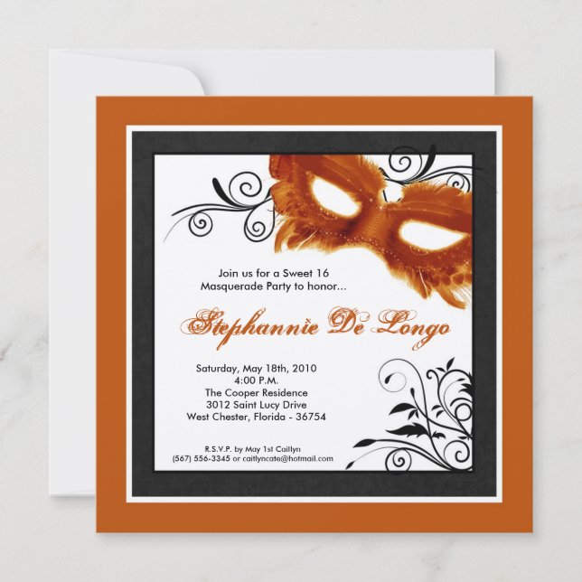 5x5 Orange Masquerade Masque Masque 16 Invitation  (Devant)