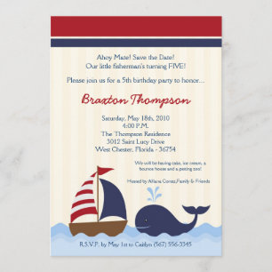 5x7 Ahoy Nautical Whale Boat Birthday Invitation
