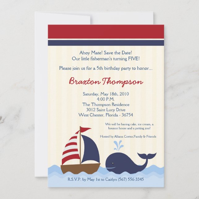 5x7 Ahoy Nautical Whale Boat Invitation Anniversai (Devant)