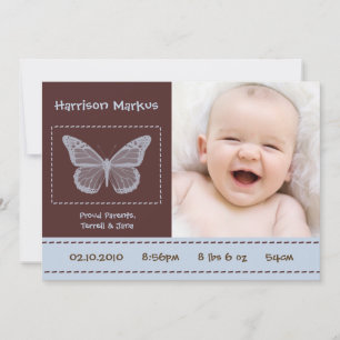 5x7 Baby Boy Butterfly Foto-Geburtsanzeige Ankündigung