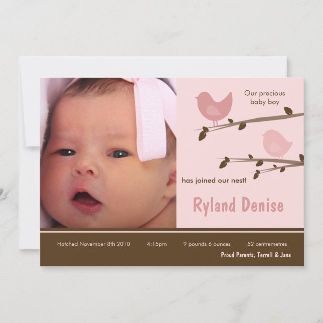 5x7 Baby Girl Pink Birds Photo Faire-part de naiss (Devant)