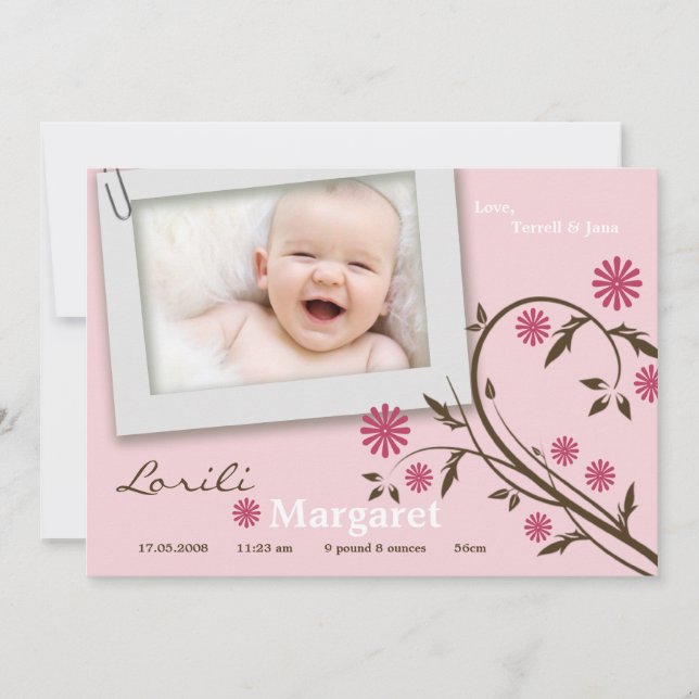 5x7 Baby Girl Rose Floral Photo Faire-part de nais (Devant)