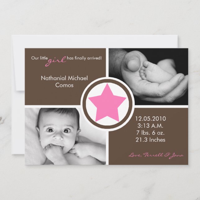 5x7 Baby Girl Rose Star Photo Faire-part de naissa (Devant)