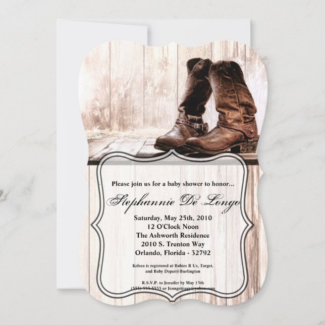 5x7 Baby shower Invitation bottes pays rustique no (Devant)