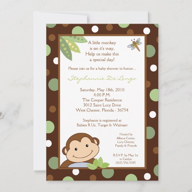5x7 Baby shower Papagayo Monkey Safari Invitation (Devant)