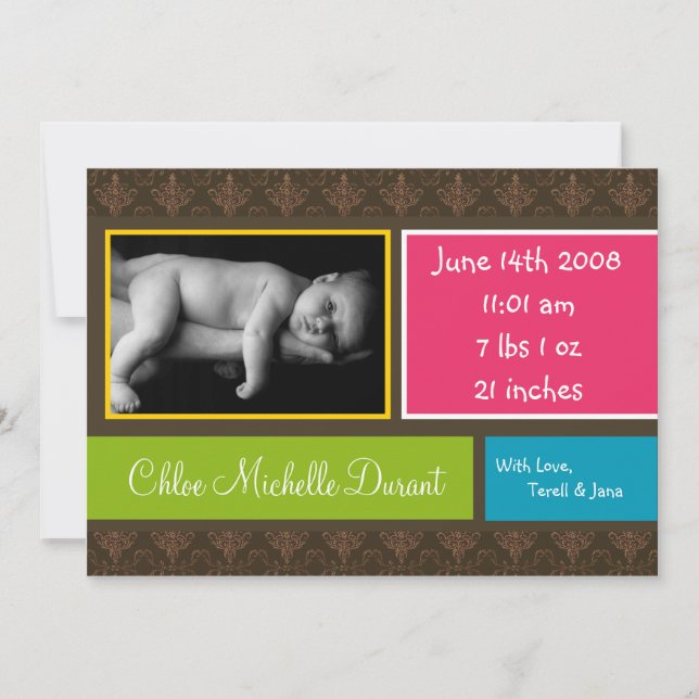 5x7 BabyGirl Brown Damask Photo Faire-part de nais (Devant)