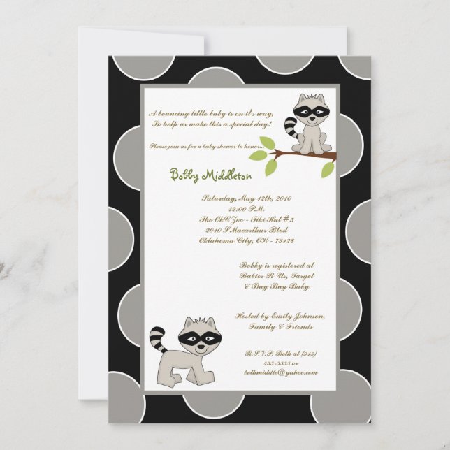 5x7 Black Grey Racoon Invitation Baby shower (Devant)