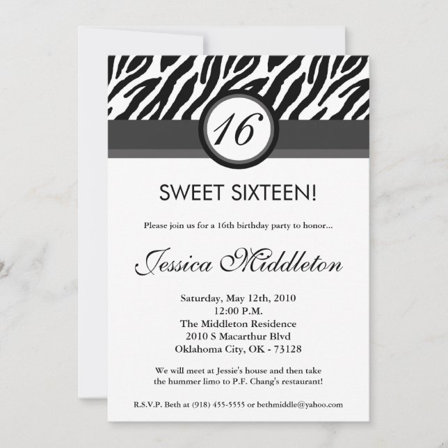 5x7 Black Grey Zebra16e Invitation anniversaire (Devant)