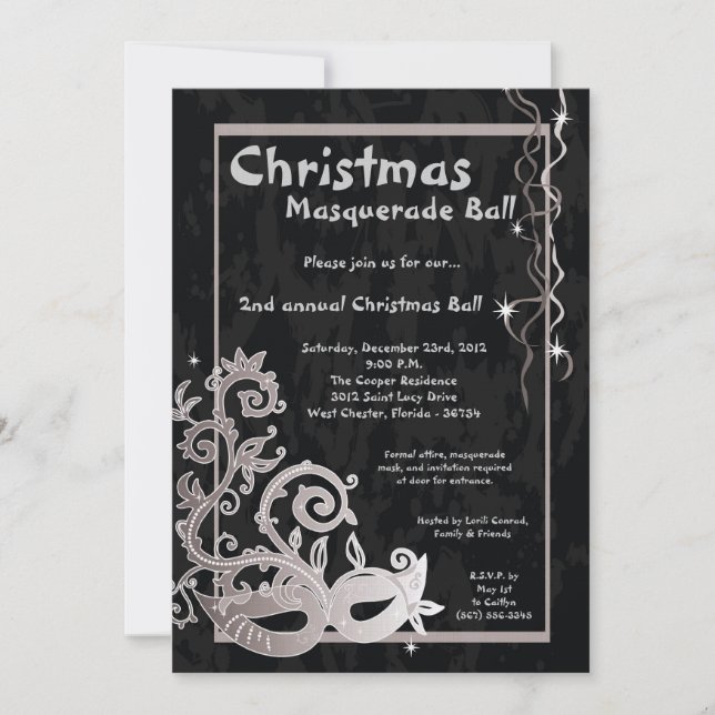 5x7 Black Masquerade Christmas Ball Invitation (Devant)