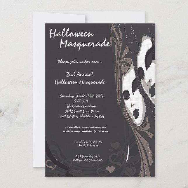5x7 Black Masquerade Halloween Costume Invitation (Devant)