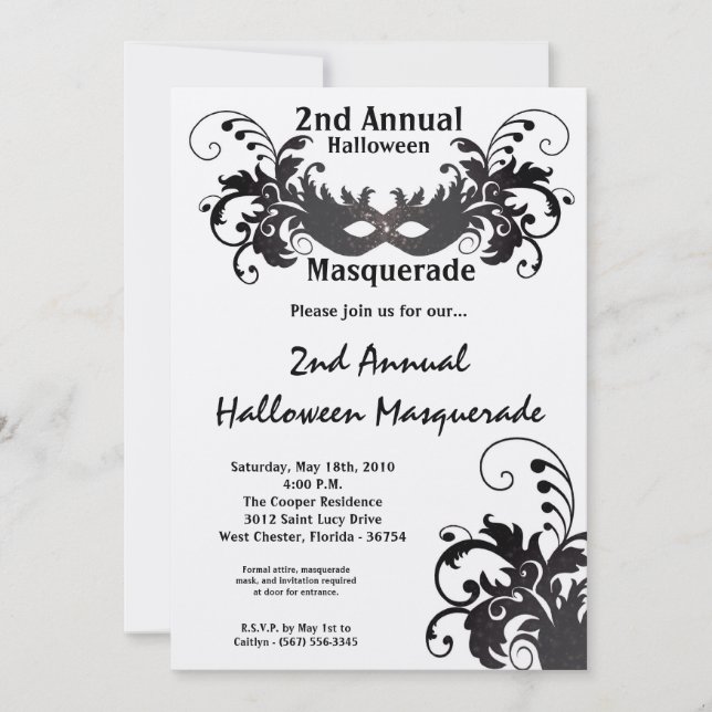 5x7 Black Masquerade Invitation Costume Halloween (Devant)
