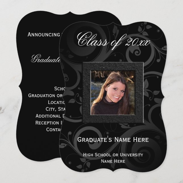 5x7 Black Swirl Photo Graduation Invitation (Devant / Derrière)