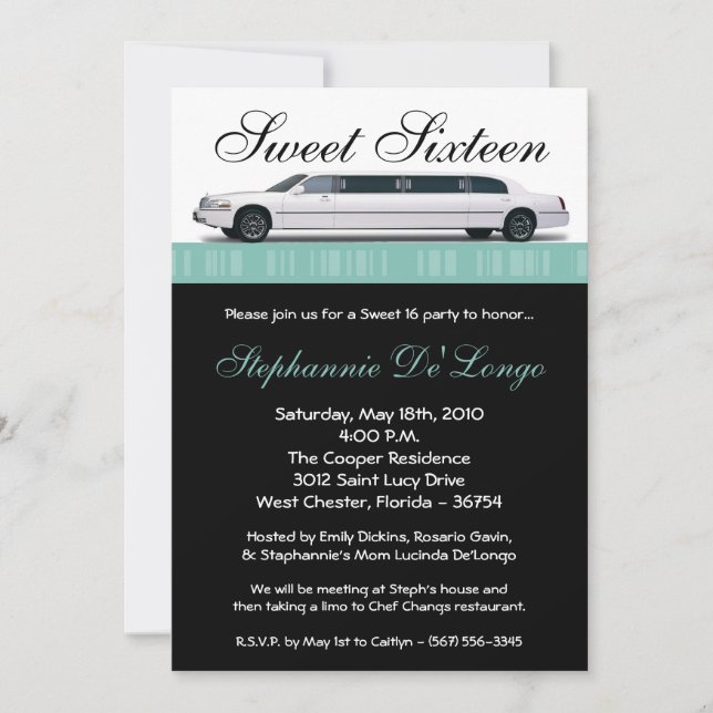 5x7 Blue Limo Sweet 16 Anniversaire Invitation (Devant)