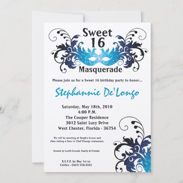 5x7 Blue Masquerade Sweet 16 Invitation anniversai (Devant)