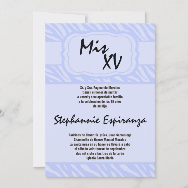 5x7 Blue Zebra Imprimer Quinceanera 15 Invitation (Devant)