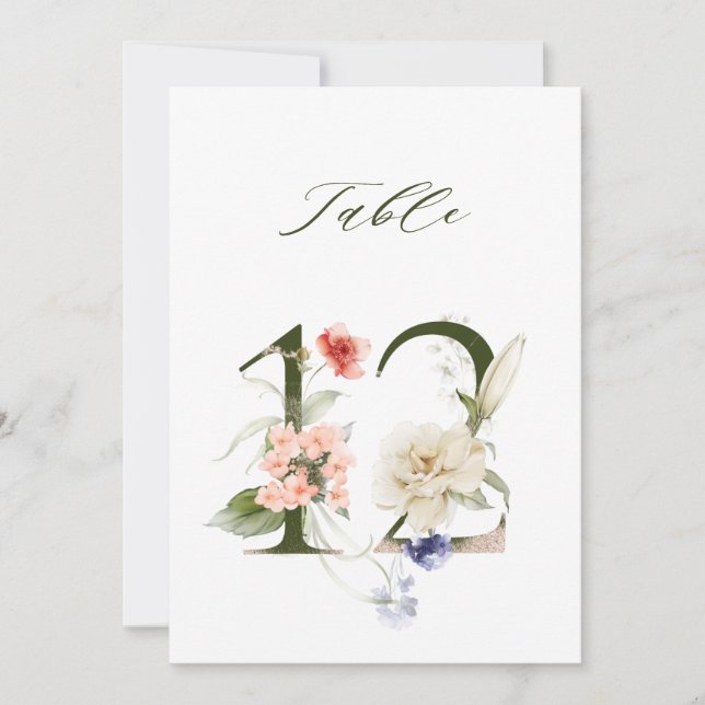 5x7 Botanische Blumige Zahl 12, Tischzahl Einladung (Vorderseite)