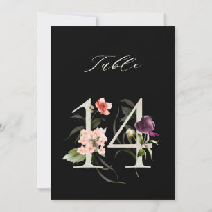 5x7 Botanische Blumige Zahl 14, Schwarze Tischnumm Einladung