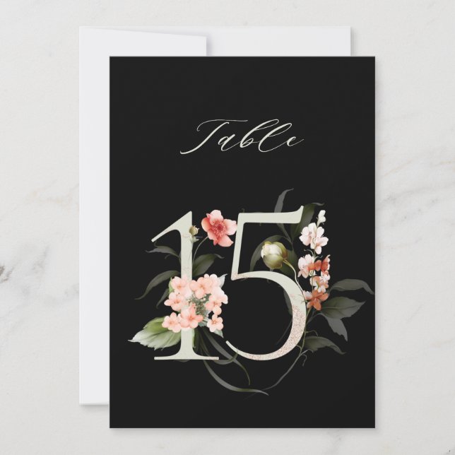 5x7 Botanische Blumige Zahl 15, Schwarze Tischnumm Einladung (Vorderseite)