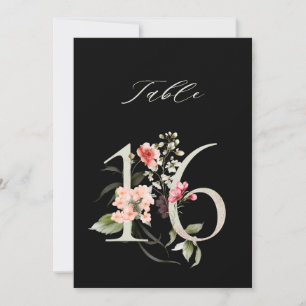 5x7 Botanische Blumige Zahl 16, Schwarze Tischnumm Einladung