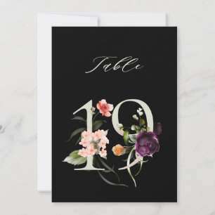 5x7 Botanische Blumige Zahl 19, Schwarze Tischzahl Einladung