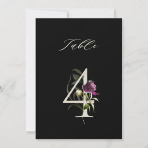 5x7 Botanische Blumige Zahl 4, Schwarze Tischnumme Einladung