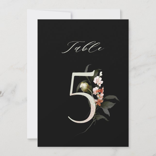 5x7 Botanische Blumige Zahl 5, Schwarze Tischnumme Einladung (Vorderseite)