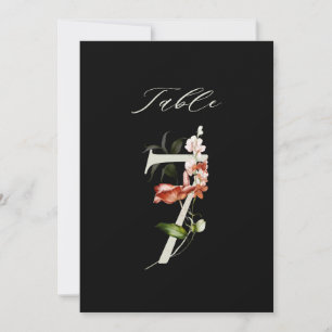 5x7 Botanische Blumige Zahl 7, Schwarze Tischnumme Einladung