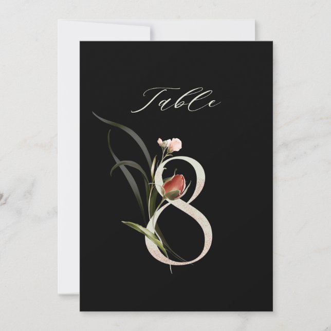 5x7 Botanische Florale Nummer 8, Schwarze Tischnum Einladung (Vorderseite)