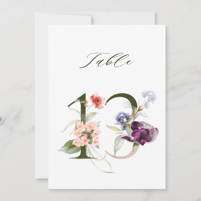 5x7 Botanische Florale Zahl 13, Tischkarte Einladung (Vorderseite)