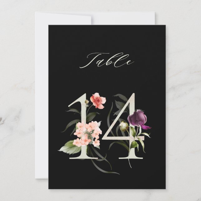 5x7 Botanische Florale Zahl 14, schwarze Tischnumm Einladung (Vorderseite)
