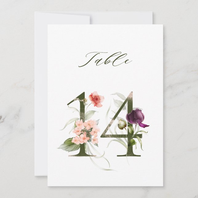 5x7 Botanische Florale Zahl 14, Tischkarte Einladung (Vorderseite)