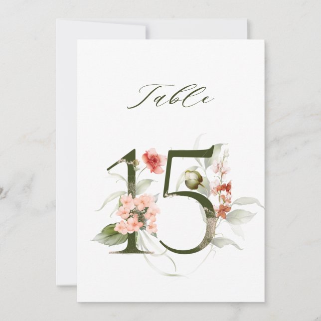 5x7 Botanische Florale Zahl 15, Tischkarte Einladung (Vorderseite)