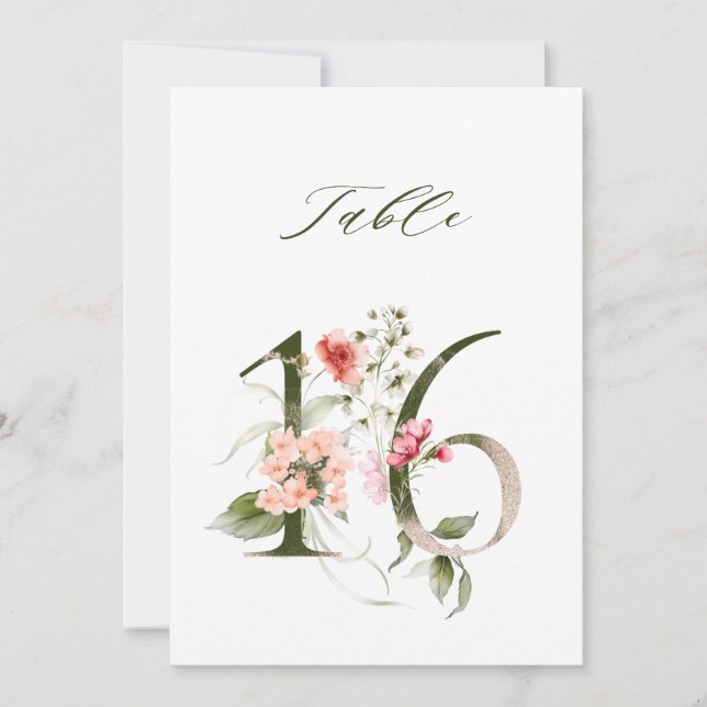 5x7 Botanische Florale Zahl 16, Tischkarte Einladung (Vorderseite)