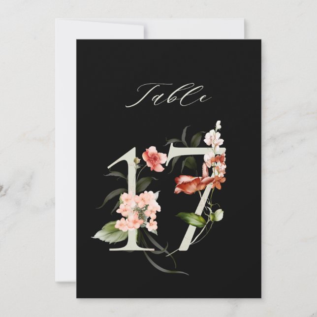 5x7 Botanische Florale Zahl 17, Schwarze Tischnumm Einladung (Vorderseite)