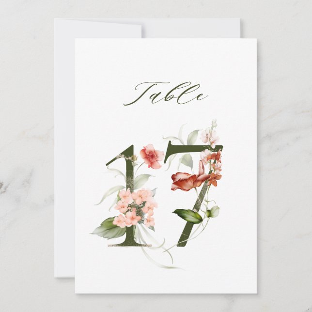 5x7 Botanische Florale Zahl 17, Tischkarte Einladung (Vorderseite)